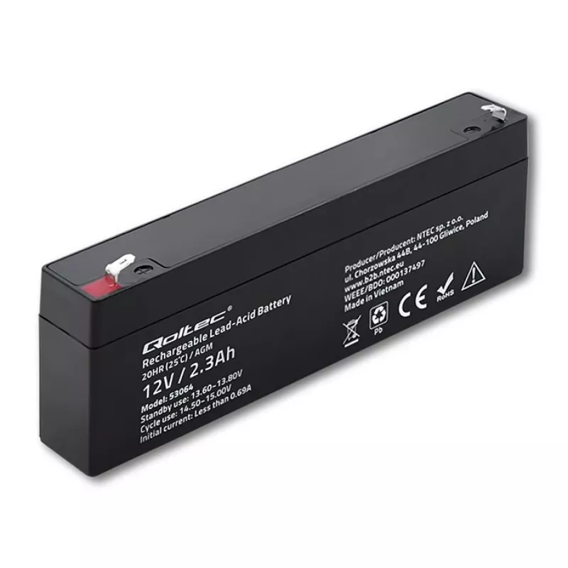 Suletud AGM-aku QOLTEC 12V 2.3Ah UPS-ide ja varusüsteemide jaoks, max tühjenemine 34.5A