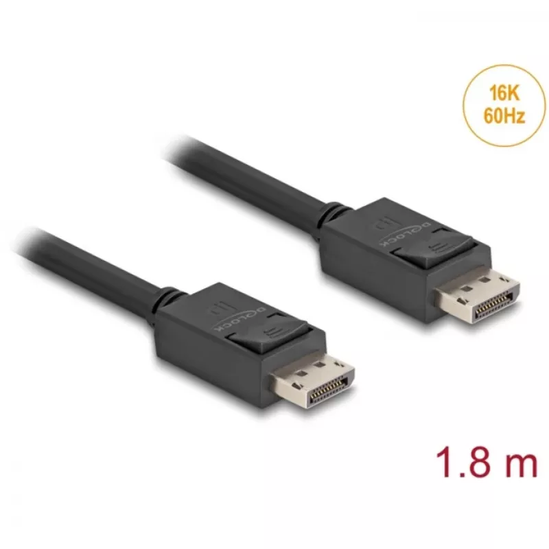 Delock - DisplayPort-kaabel - DisplayPort (M) lukustusega DisplayPort (M) lukustusega - DisplayPort 2,1 - 1,8m - Toetab 16K 60 Hz (15 360 x 8640), kuni 80 Gbps andmeedastust