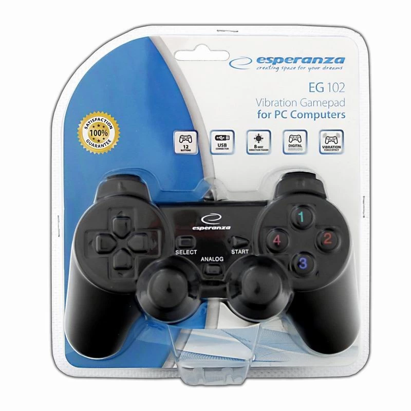 Mängupult ESPERANZA EG102 juhtmega USB 2.0, PC/PlayStation 3 tugi, D-pad, vibratsioon, must
