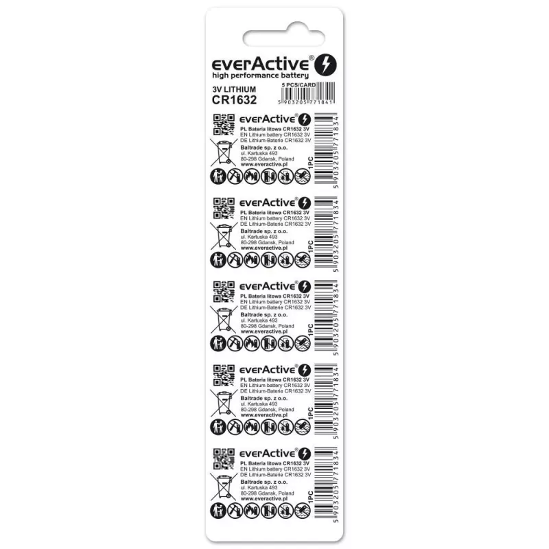 Patarei everActive CR1632 liitium ühekordne nööpelement 3 V — 5 tk, 16 mm × 3,2 mm