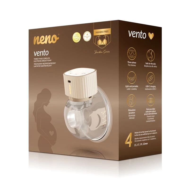 Juhtmeta elektrooniline rinnapump neno VENTO Three-Phase, laetav, kaasaskantav, LCD-ekraan, 150 ml pudel, BPA-vaba, beež