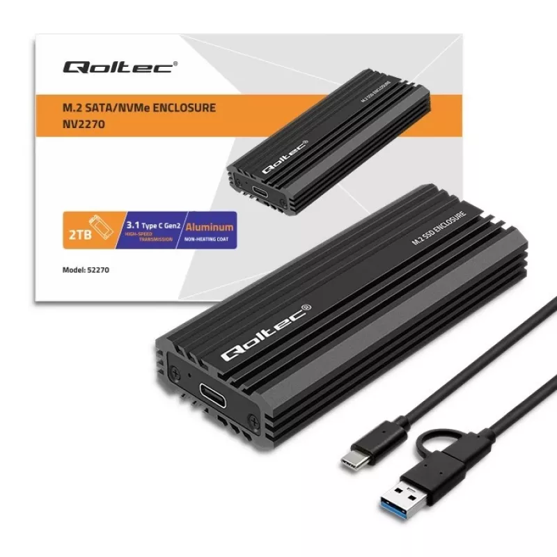 Väline SSD-korpus QOLTEC NV2270 M.2 SATA/NVMe draividele, USB-C, kuni 2 TB