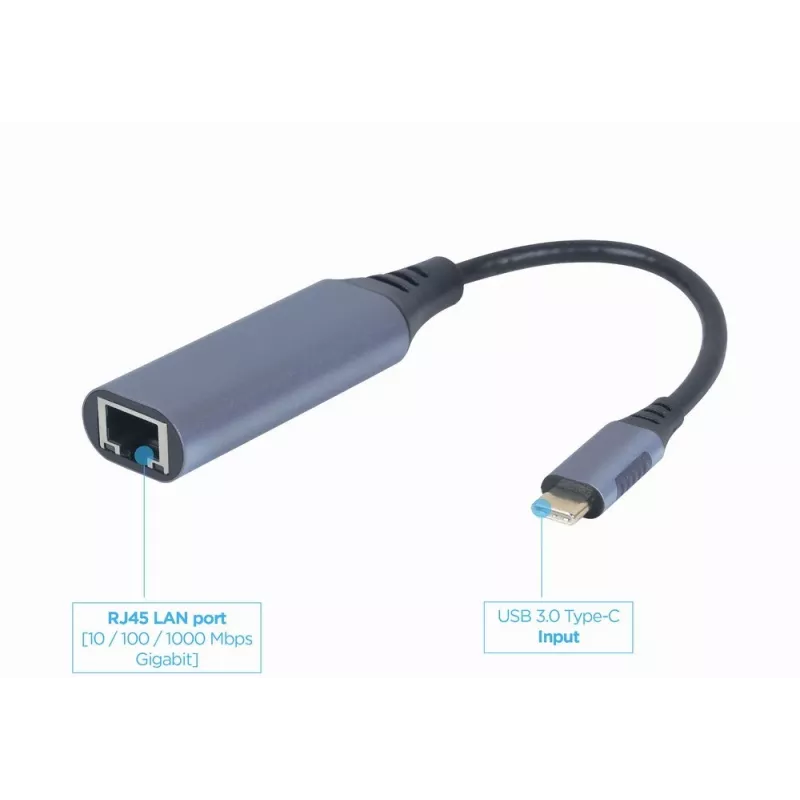 Võrguadapter Gembird A-USB3C-LAN-01 USB-C USB 3.2 Gen 1, Gigabit RJ-45, 0,15 m kaabel, metallkorpus, hall/must