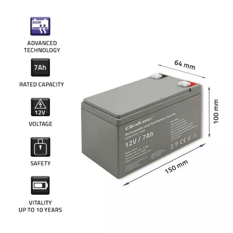 Qoltec 53076 AGM aku | 12V | 7Ah | Turvalisus