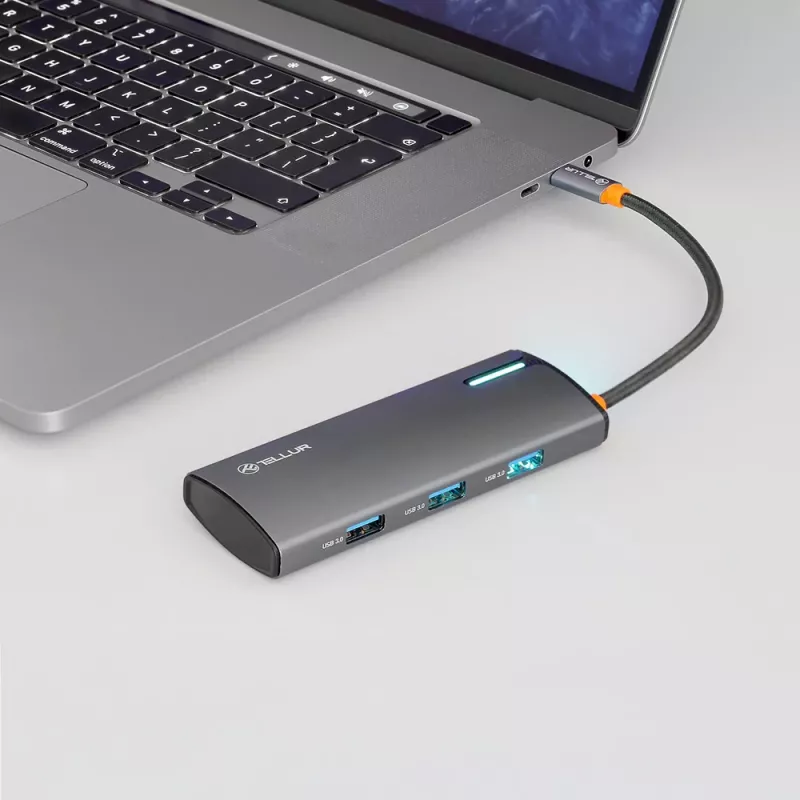USB-C hubi Tellur TLL321061 koos PD 3.0 100W, HDMI väljundi ja 3× USB 3.0 pordiga