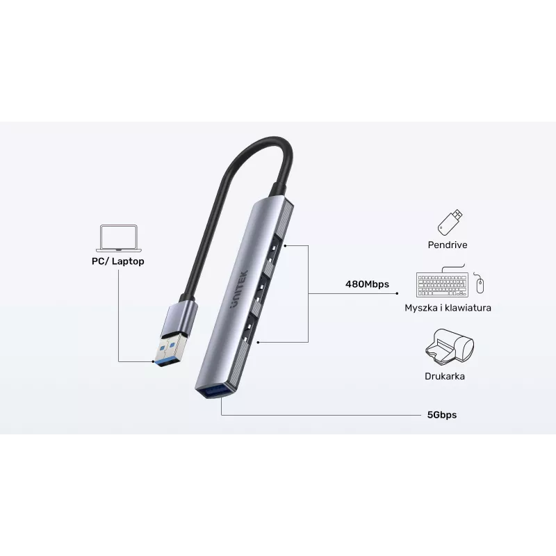 Unitek H1208A USB-A jaotur, 4 porti (1x USB-A 5 Gbps, 3x USB-A 2.0), alumiinium, hõbedane