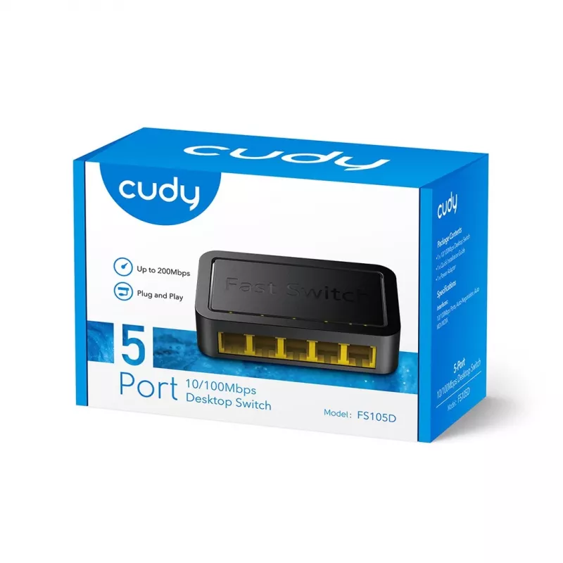 Võrgukommutaator Cudy FS105D — 5-pordiline Fast Ethernet 10/100, 1 Gbit/s kommutatsioon, must