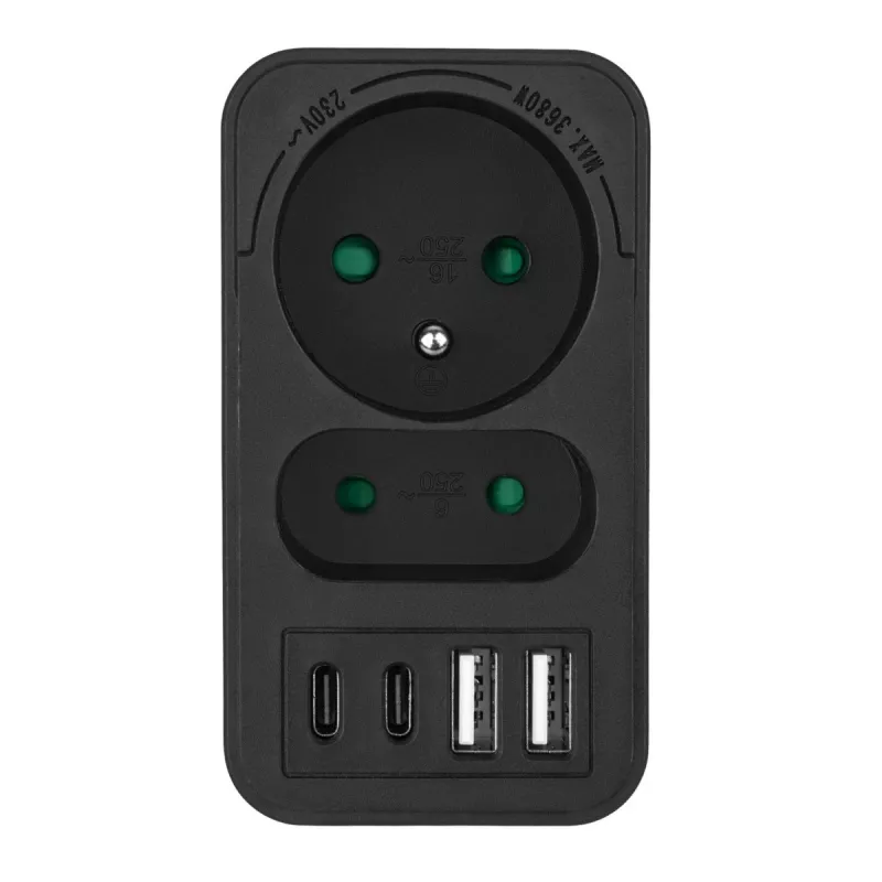 Toitejaotur MACLEAN MCE249 F/B — 2 vahelduvvoolupesa (16A + 6A) koos 2×USB-A ja 2×USB-C PD 20W, EL-pistik, must