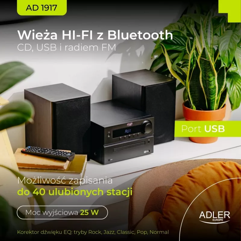 Mini Hi‑Fi stereosüsteem Adler AD 1917 — Bluetooth V5.3, CD/USB/MP3, 2×25W RMS, FM-tuuner, 4‑ribaline ekvalaiser, AUX, must