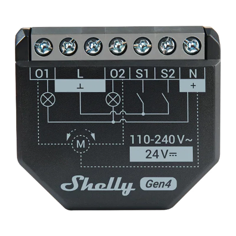 Shelly 2PM Gen4 ruloo- ja aknaluugi ajam 2 kanaliga, AC 110–240V, 2,4 GHz Wi‑Fi, 1,4 W, 8000 KB välkmälu