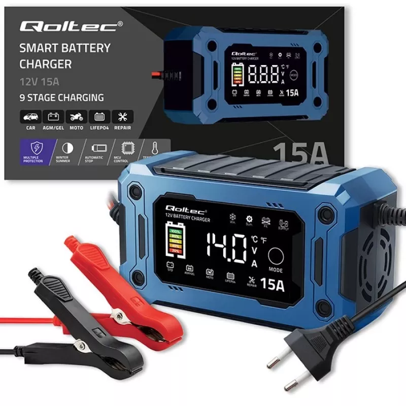 Nutikas 12V 15A laadija QOLTEC mikroprotsessori ja LCD-ga — AGM, GEL, SLA, EFB, LiFePO4 akudele