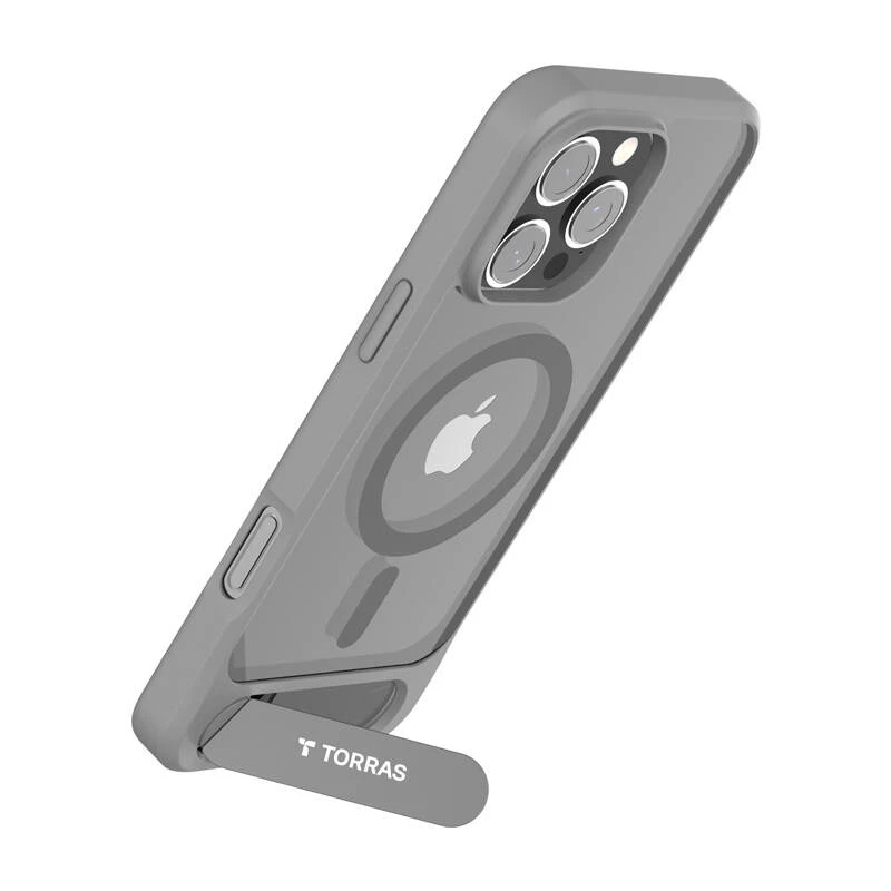Kaitsva telefoniümbrise Torras Pstand Series iPhone 16 Pro Max jaoks, hall, õhuke profiil koos integreeritud alusega