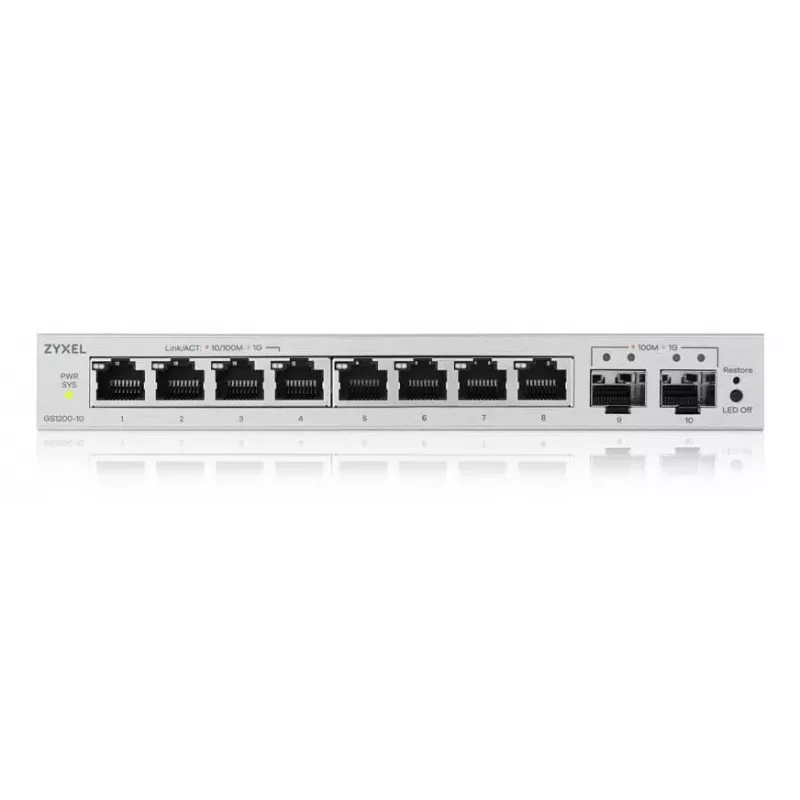 Juhitav L2 Gigabit-lüliti Zyxel GS1200-10v3 — 8x Gigabit (10/100/1000), 20 Gbit/s, MAC 4000, lauaarvuti, hall