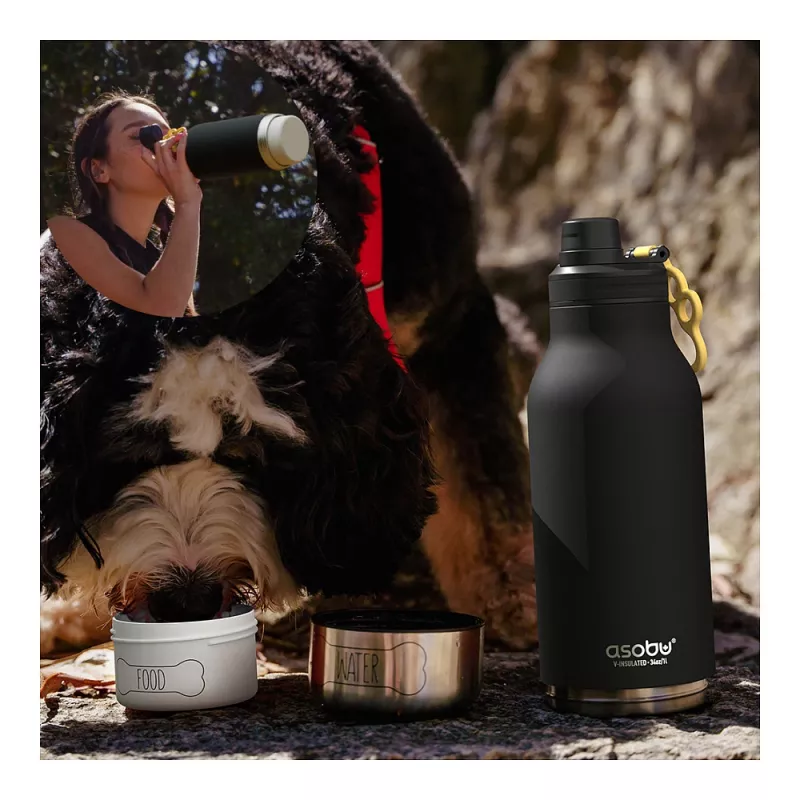 Asobu - Dog Bowl Buddy - Edelstahlflasche mit 2 Näpfen Schwarz