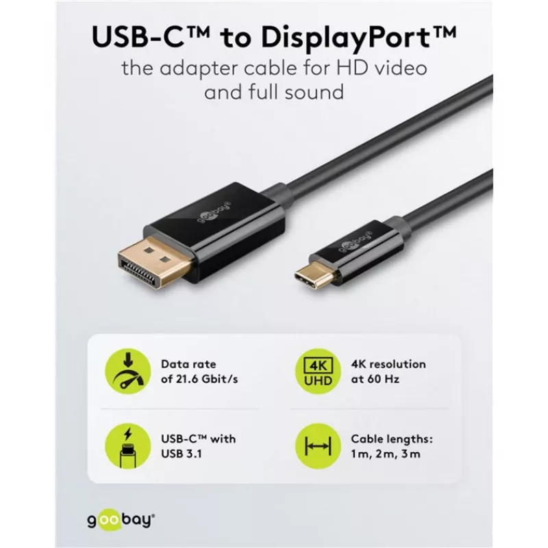 Goobay USB-C–DisplayPorti kaabel – kullatud pistikud, Ultra HD resolutsioon kuni 4k @ 60 Hz, C-tüüpi Thunderbolt 3/4 DP-adapteriga ühildatav