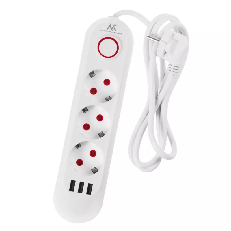 Pikendusjuhe MACLEAN MCE394W — 3 pistikupesa, 3×USB 2,1 A, 110–240 V AC, 2500 W, 1,5 m kaabel, valge