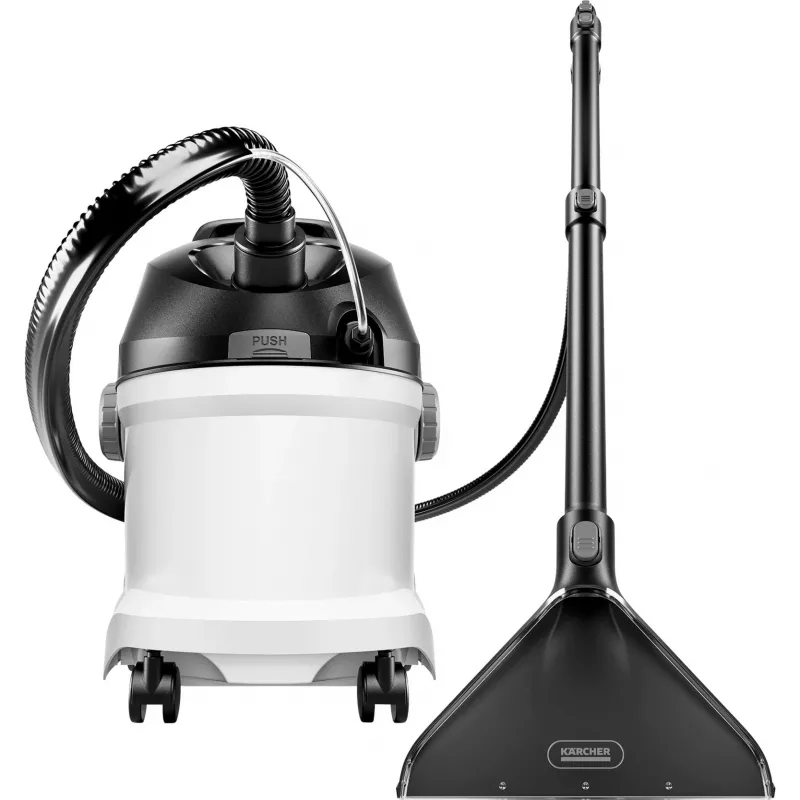 Silindertolmuimeja Kärcher SE 5 — kuiv- ja märgpuhastus, 1000 W turbiin, 4 L musta/4 L puhta vee paagid, 6 m juhe
