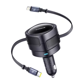 Car Charger Baseus Enjoyment Max 60W with USB‑C and Lightning cables, dual‑port fast charging