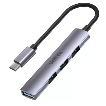 USB-C jaotur Unitek H1208B — 1x USB-A 5 Gbps, 3x USB-A 2.0, USB-C host, alumiiniumkorpus, 0,20 m kaabel