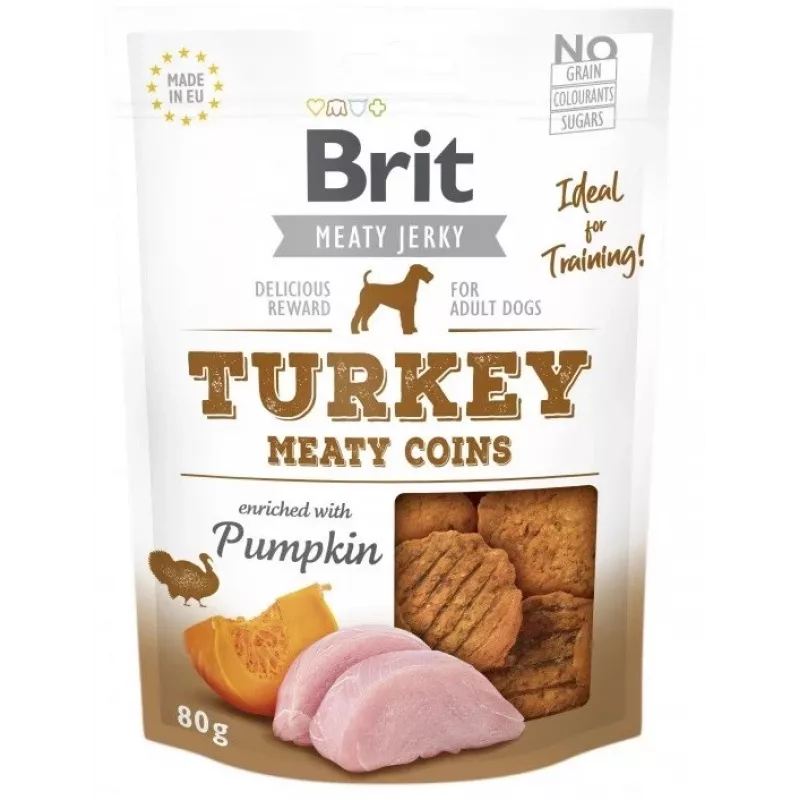 Brit Jerky Turkey Meaty Coins 200 g — funktsionaalne treeningusuupiste täiskasvanud koertele, valk 33%, rasv 22%