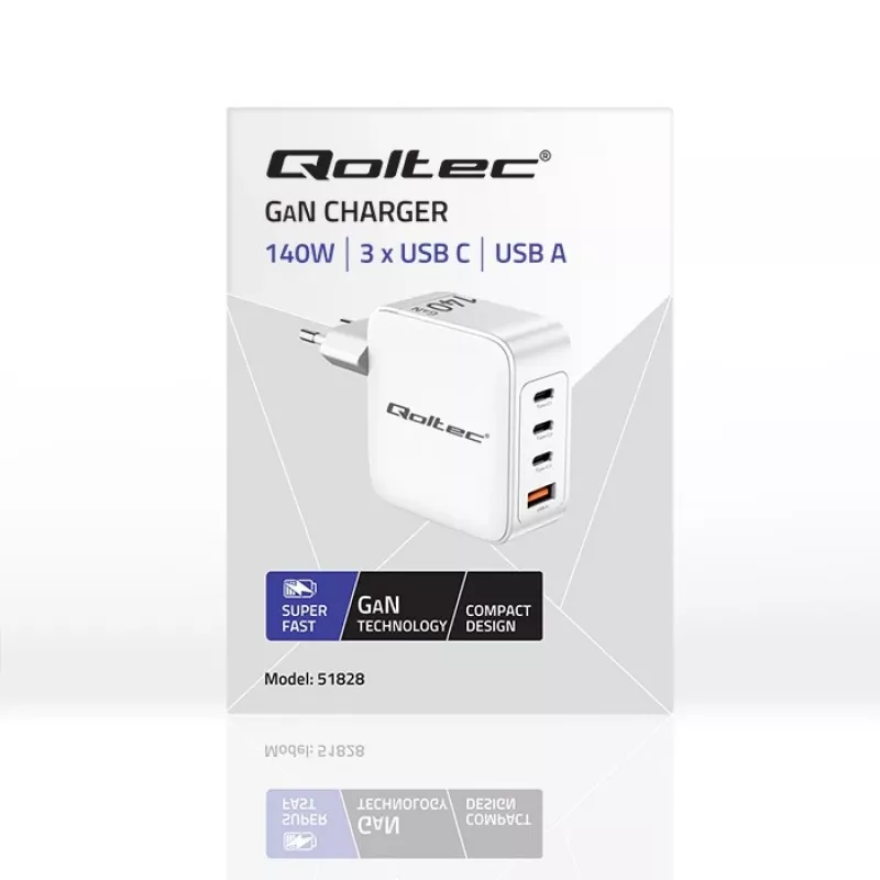 Laadija QOLTEC 51828 140W GaN 3×USB‑C PD + 1×USB‑A QC 3.0 – mitme pordiga kiirlaadija