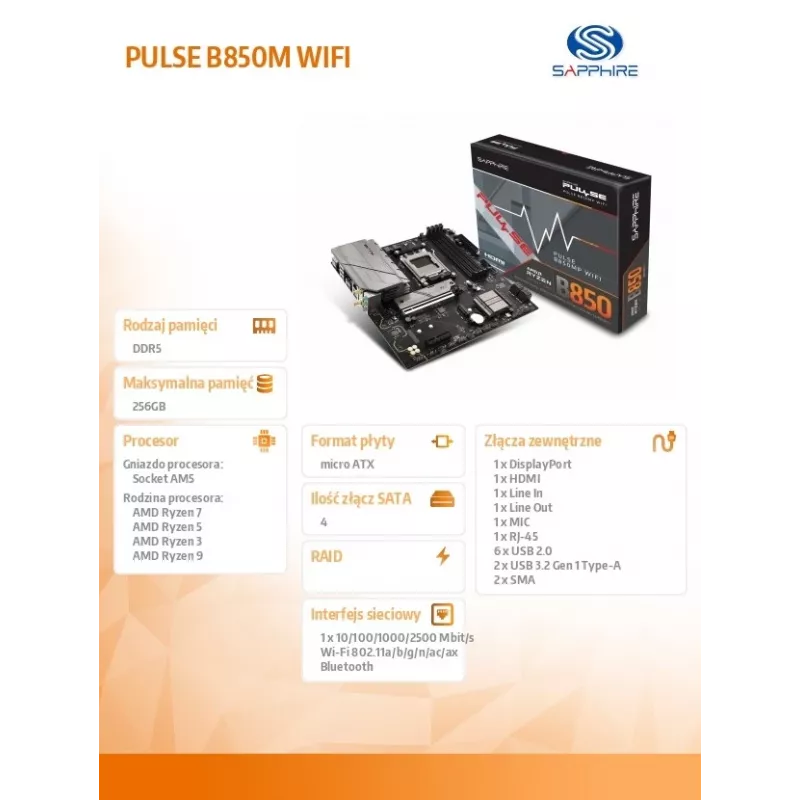 Emaplaat Sapphire PULSE B850M WIFI — AMD B850 micro ATX, Socket AM5, DDR5 kuni 7600 MHz, 4 DIMM, 192 GB, Wi‑Fi 6, 2.5GbE