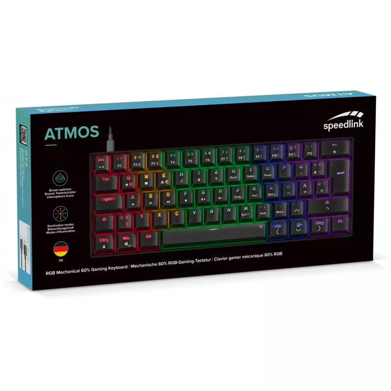 Mehaaniline mänguklaviatuur Speedlink ATMOS RGB — kompaktne paigutus, RGB-taustvalgustus