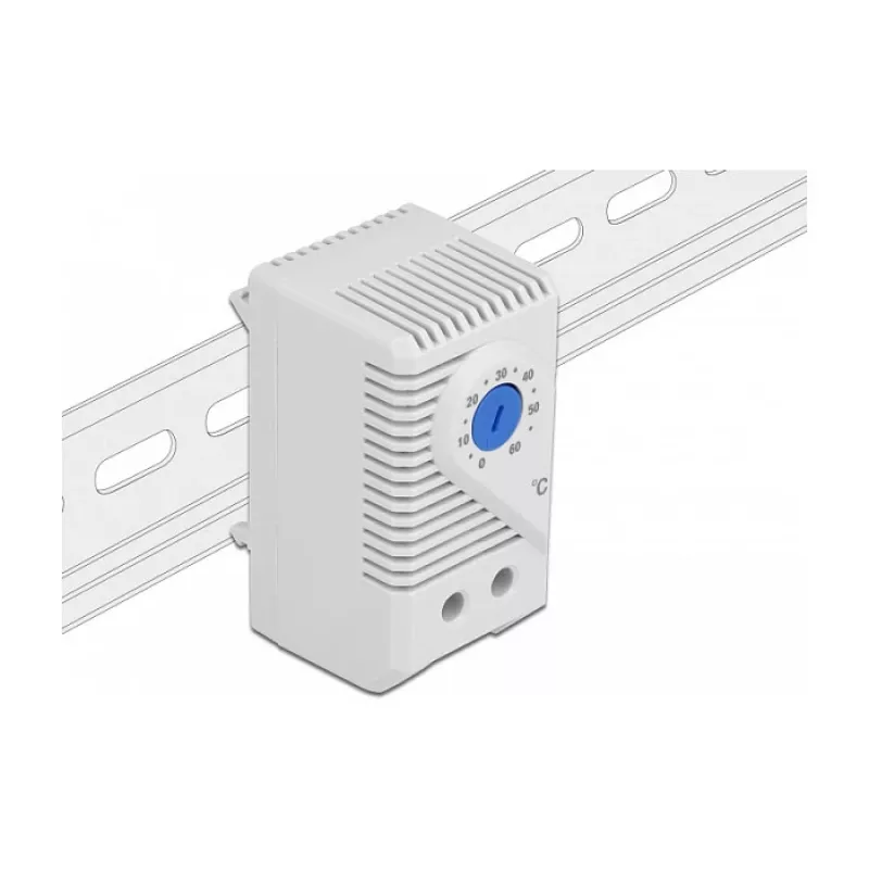 Termostaat DELOCK 66823, plastkorpus IP20, 30 W, 250 V, 10 A, 43×60×33 mm, sinine/hall