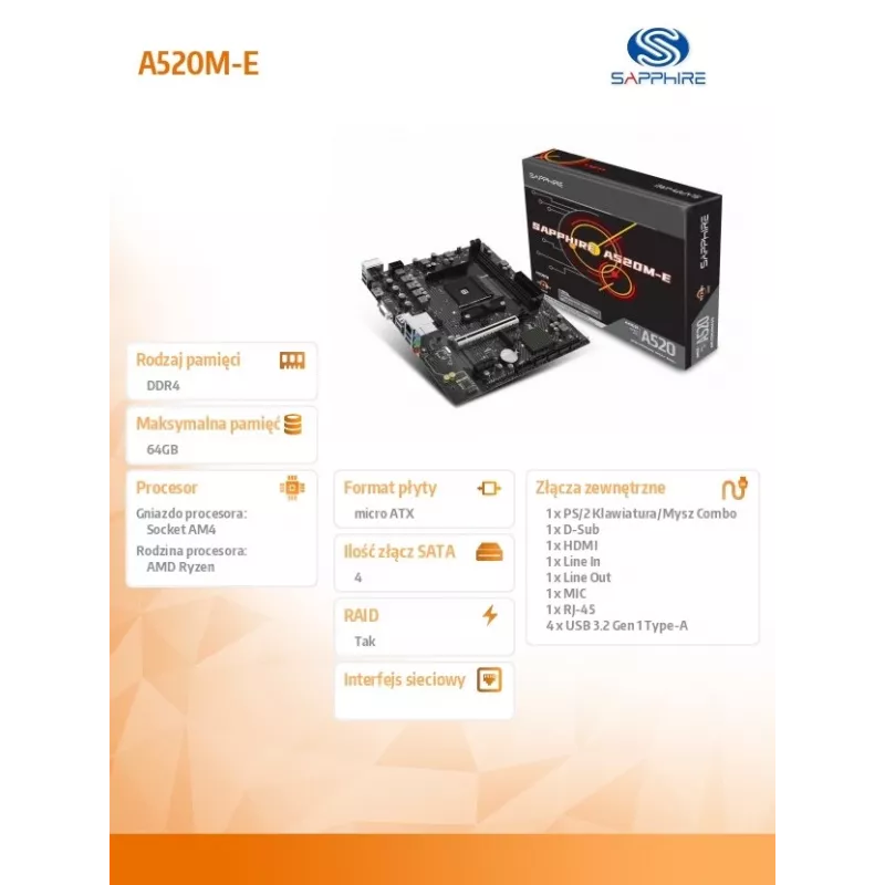 Micro ATX emaplaat Sapphire A520M-E pesale AM4, AMD A520 kiibistik, 2x DDR4 DIMM, max 64 GB, PCIe 3.0 x16/x1, SATA III, Gigabit LAN