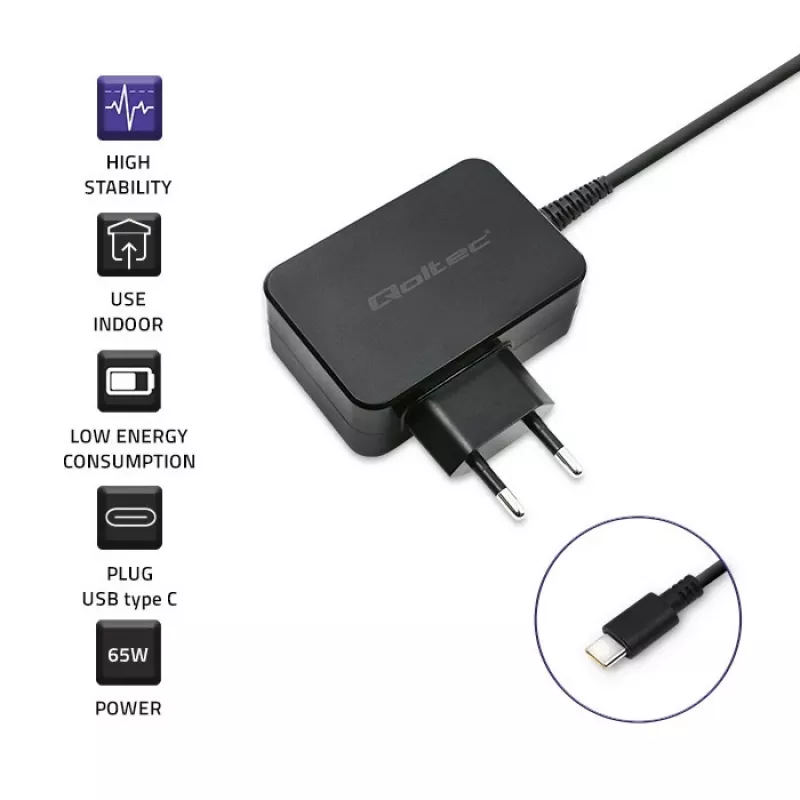 Mobiilseadme laadija QOLTEC 51024 — Universaalne vahelduvvoolu siselaadija, 65W PD, 20V/3,25A, 1,2m kaabel, must