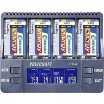 Akulaadija Voltcraft P9-4 9V plokkpatareidele — ühildub NiCd, NiMH ja Li-Ioniga