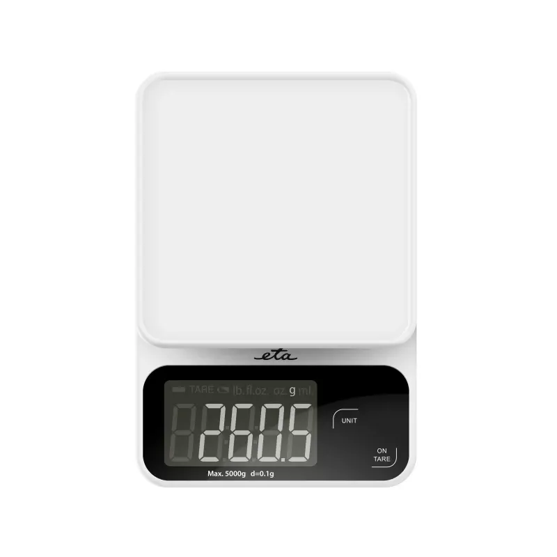 Elektrooniline köögikaal ETA POPI Valge — max 5 kg, täpsus 1 g, LCD-ekraan, AAA patareid