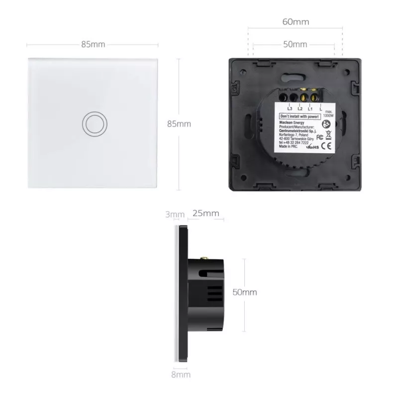 Puutelüliti MACLEAN MCE702W — ühe ümmarguse klaasnupuga, juhtmega, 110–240 V, 2 A, 1000 W, valge