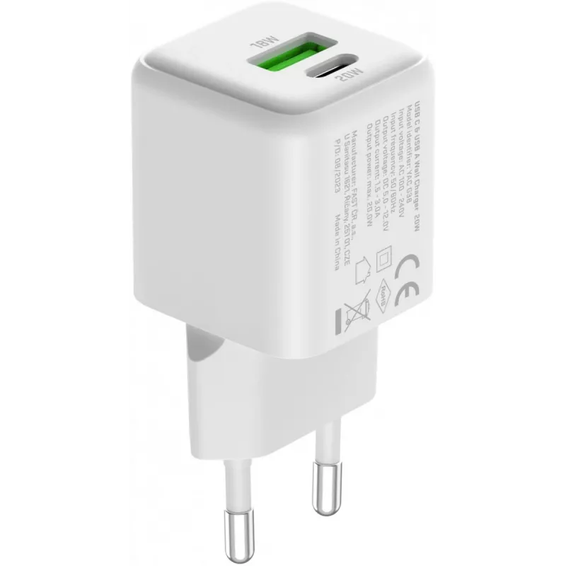 USB C/A võrgulaadur YENKEE YAC G38 20W 3A Power Delivery (USB‑C ja USB‑A)