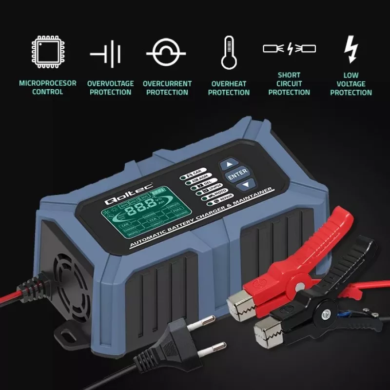 Qoltec nutikas mikroprotsessoriga akulaadija akutestriga ja 12V parandusfunktsiooniga | 6A | LCD | Akulaadija AGM LiFePO4 GEL akudele