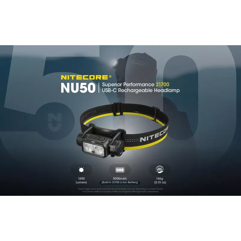 Pealamp Nitecore NU50 must kollane LED veekindel põrutuskindel