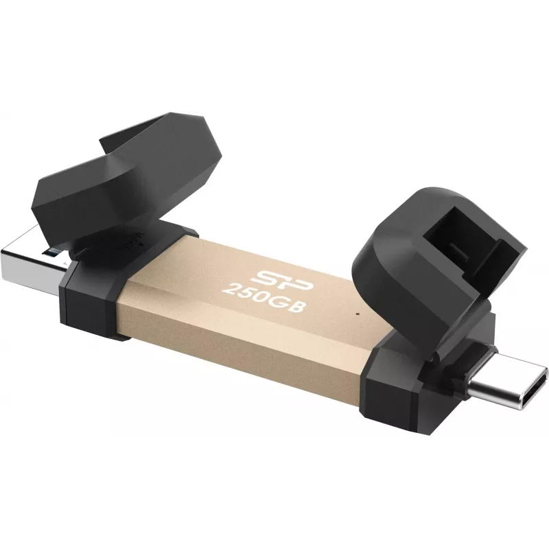 USB-mälupulk Silicon Power DS72 250 GB, USB 3.2 Gen 2 Type-A / USB-C, alumiinium/kummist kork, kuldne