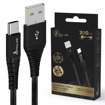 USB Type-A to USB-C kaabel Extralink Smart Life Braided 2 m — 15W (5V 3A) Must