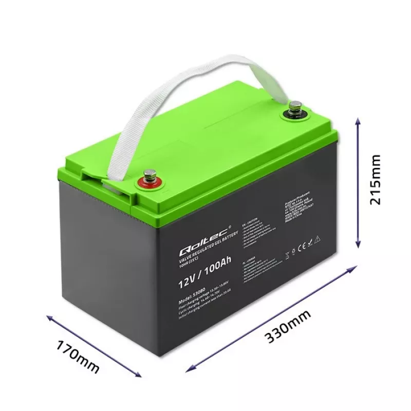 Geelaku QOLTEC 53080 12V 100Ah — suletud laetav aku varutoiteks