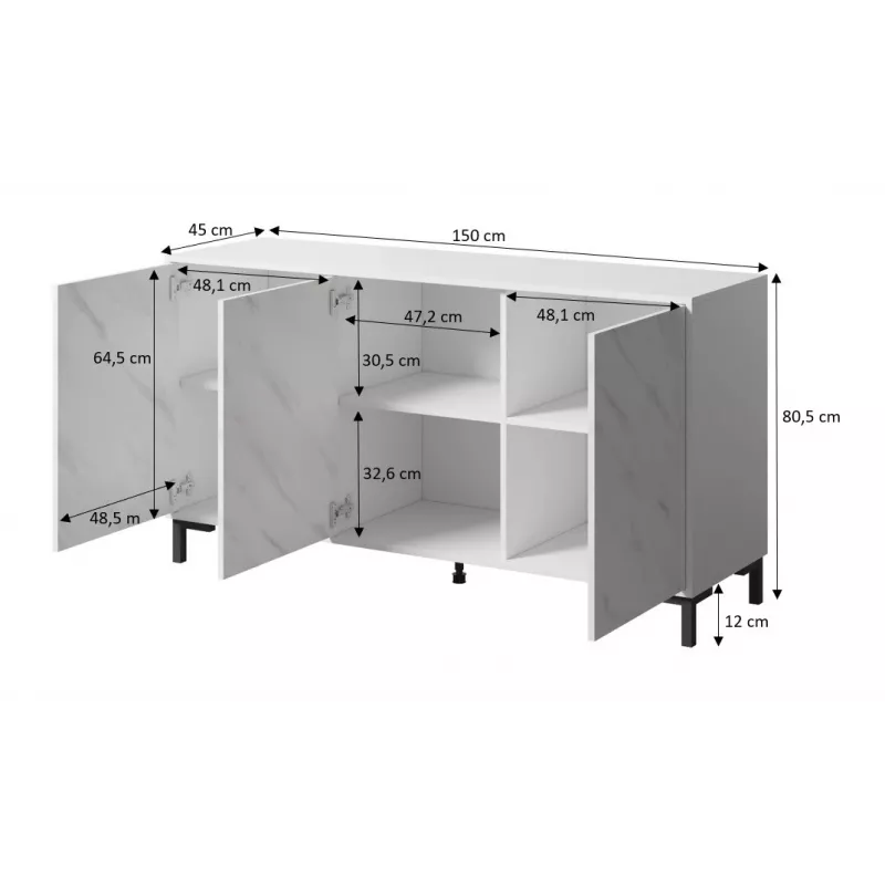 MARMO 3D kummut 150x45x80.5 cm matt must/marble must