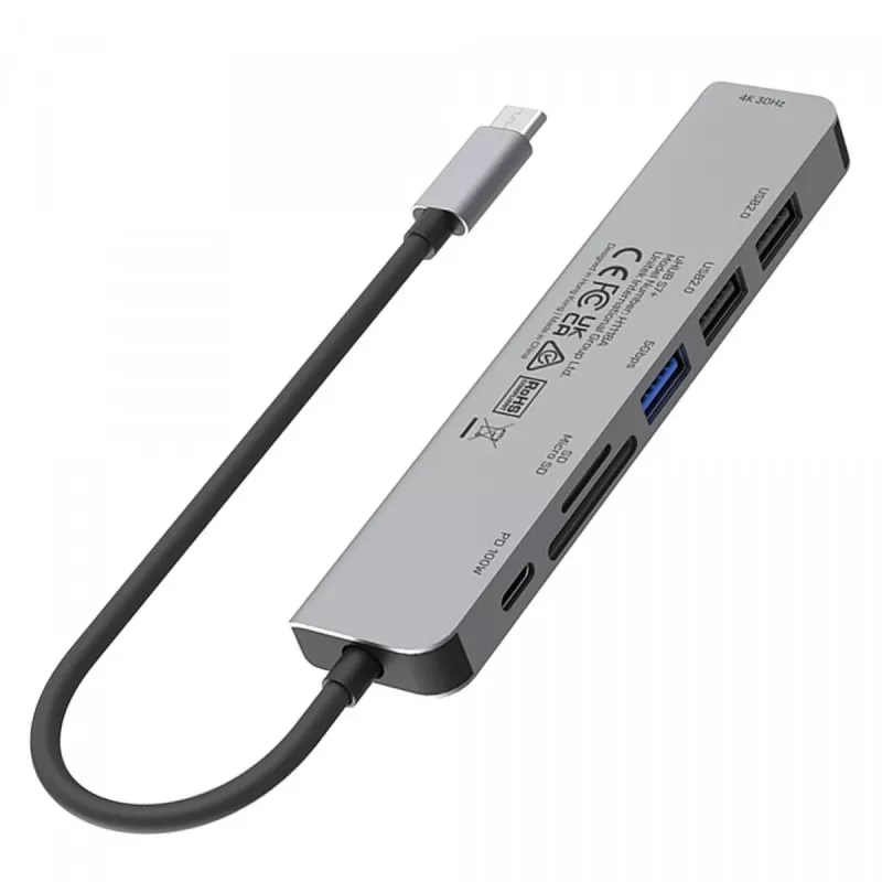 USB-C Hub Unitek 7in1 Alumiinium PD 100W 5 Gbps — multipordiadapter Power Delivery funktsiooniga