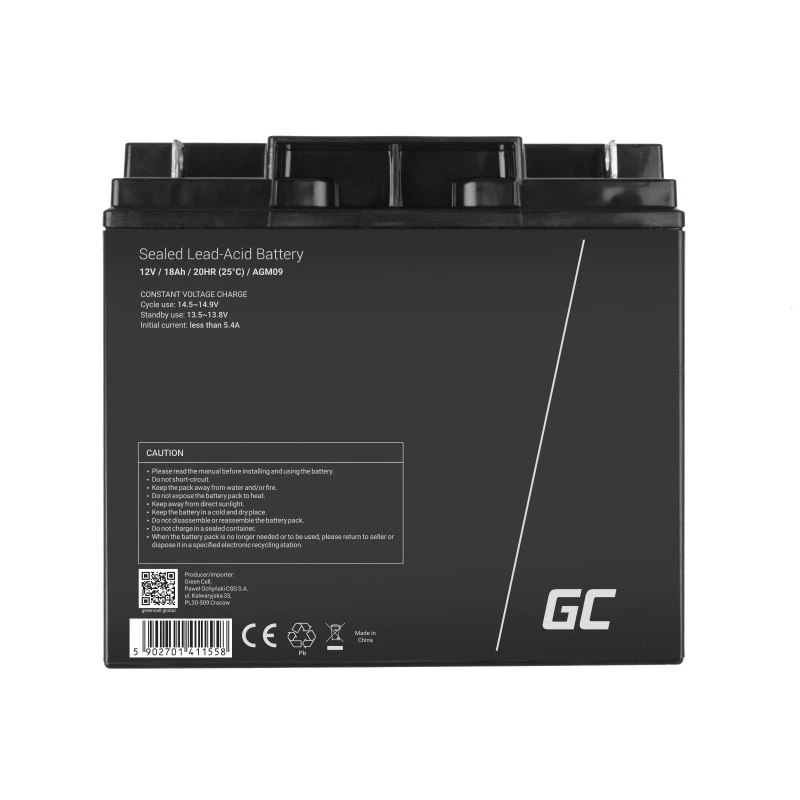 Laetav suletud pliiaku roheline Cell AGM09 12 V 18000 mAh, must, 167×77×181 mm, 4.8 kg