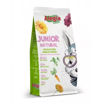Pellet-küülikutoit Alegia Junior Natural 650 g — täisväärtuslik sööt noortele küülikutele, teraviljavaba, gluteenivaba, sojavaba