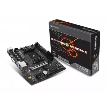Micro ATX emaplaat Sapphire A520M-E pesale AM4, AMD A520 kiibistik, 2x DDR4 DIMM, max 64 GB, PCIe 3.0 x16/x1, SATA III, Gigabit LAN