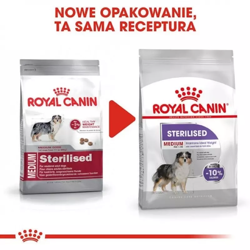 Kuiv koeratoit Royal Canin Medium Sterilised Adult 12 kg — steriliseeritud keskmise tõu täiskasvanud koertele, linnuliha, valk 28%, rasv 13%