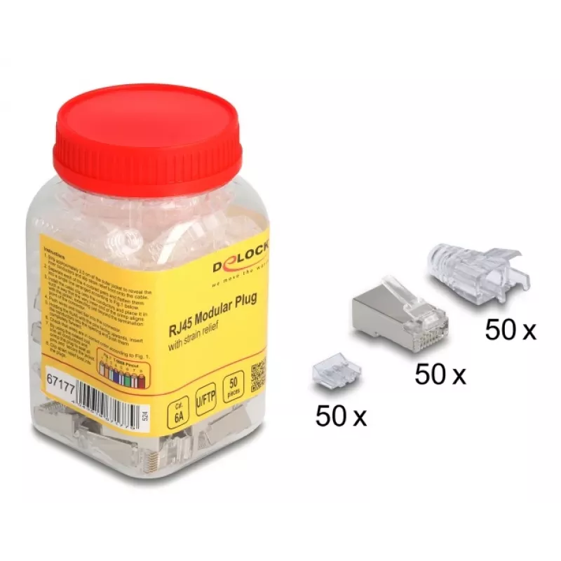 DeLOCK 67177 RJ45 juhtmepistik, hõbedane, läbipaistev, isane, 50 tk