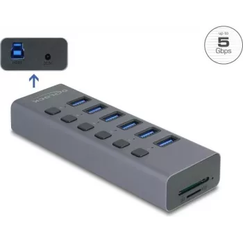 USB 3.0 väline 6-pordiline jaotur DELOCK 64237 individuaalsete lülititega ja SD/MicroSD-mälukaardipesaga