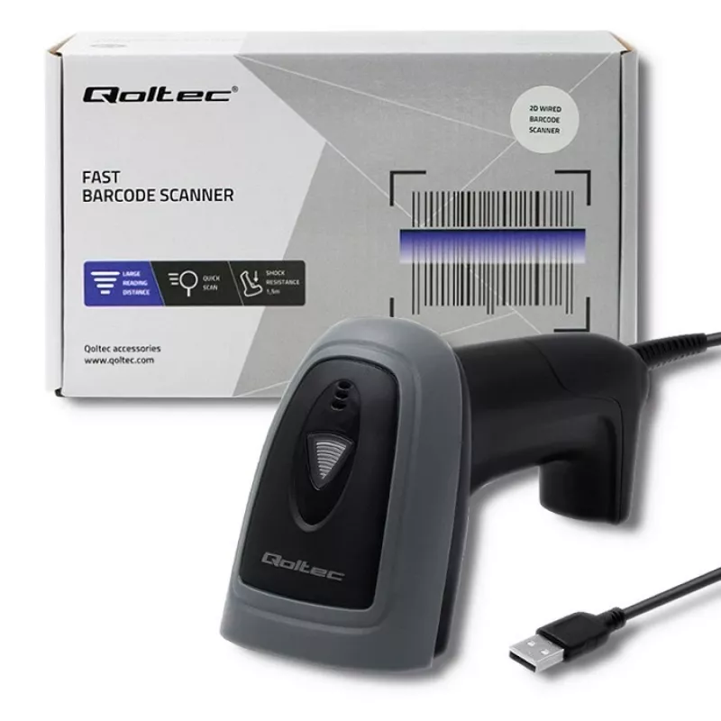 Käeshoitav vöötkoodilugeja QOLTEC 50863 — 1D/2D skanner, USB-juhtmega, LED-andur, must, 5V, 1,8 m kaabel