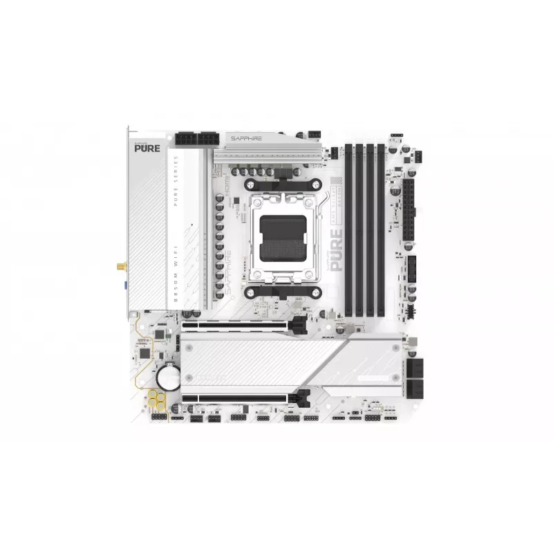 Emaplaat Sapphire PURE B850M WIFI Micro ATX — AMD B850, pesa AM5, DDR5 kuni 8000 MHz, 4 DIMM, Wi‑Fi 6, 2,5 Gb LAN, 2× M.2, PCIe 5.0 x16