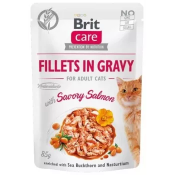 Märg kassitoit Brit Fillets in Gravy — lõhefileed kastmes, 85 g kotike, BRIT Care, täiskasvanud kassidele, niiskus 82%